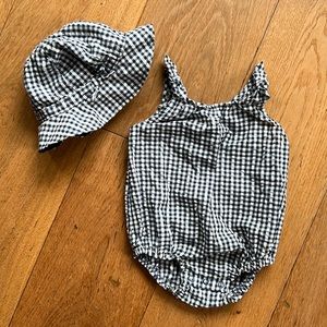 Blue & White Gingham Tank Bodysuit Set with Matching Hat